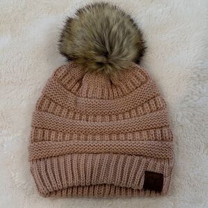 CC Boutique Blush Knit Beanie with Faux Fur Pom